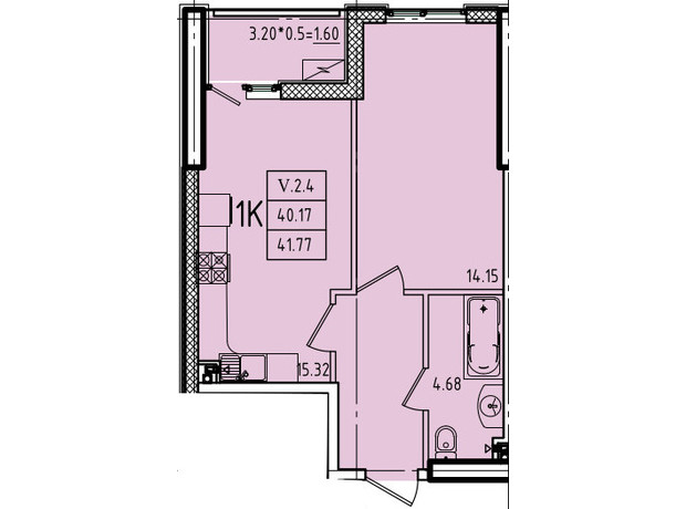 ЖК Эллада: планировка 1-комнатной квартиры 41.77 м²