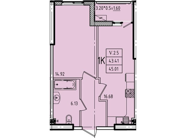 ЖК Эллада: планировка 1-комнатной квартиры 45.01 м²