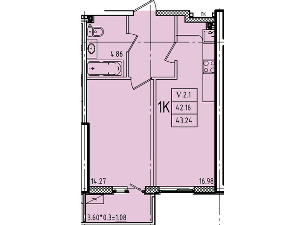 ЖК Еллада: планування 1-кімнатної квартири 43.24 м²