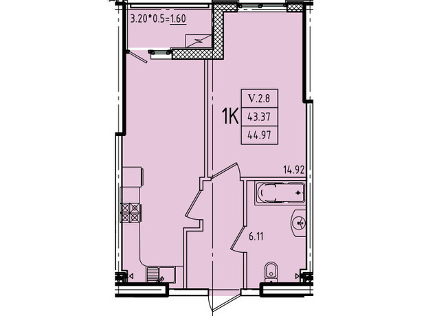 ЖК Еллада: планування 1-кімнатної квартири 44.97 м²