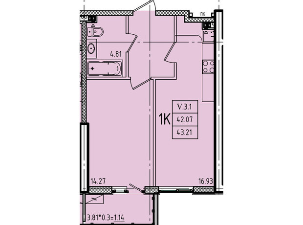 ЖК Еллада: планування 1-кімнатної квартири 43.21 м²