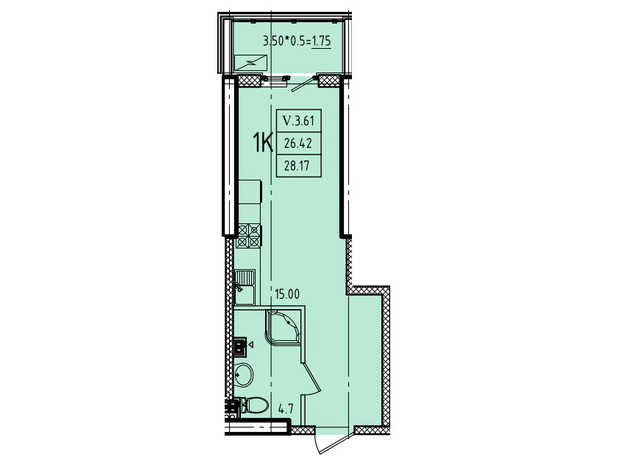 ЖК Эллада: планировка 1-комнатной квартиры 28.17 м²