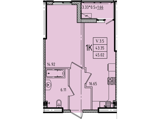 ЖК Эллада: планировка 1-комнатной квартиры 29.66 м²