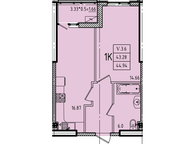 ЖК Эллада: планировка 1-комнатной квартиры 44.94 м²