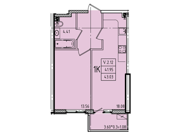 ЖК Еллада: планування 1-кімнатної квартири 43.03 м²