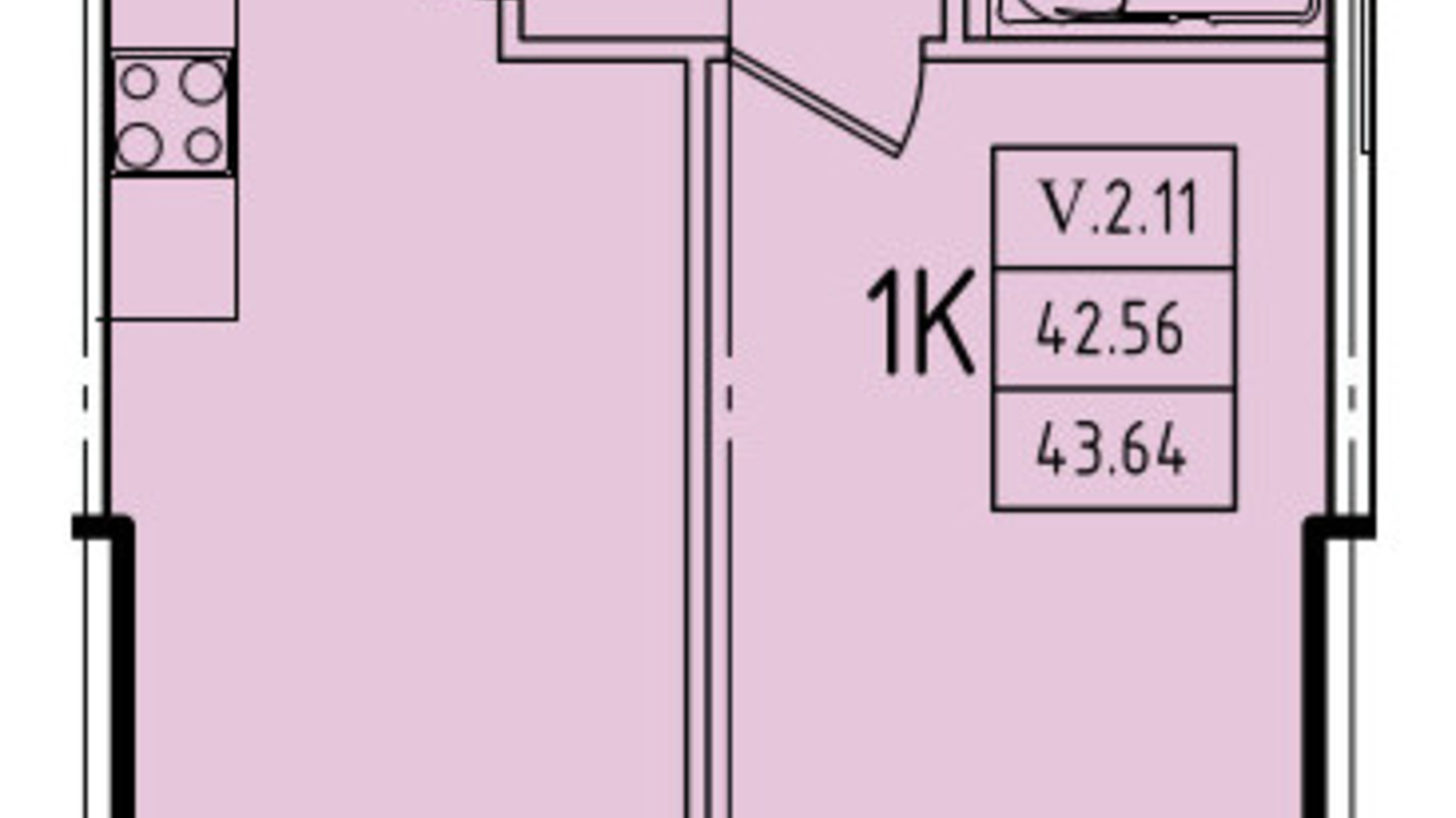 Планування 1-кімнатної квартири в ЖК Еллада 43.64 м², фото 602339