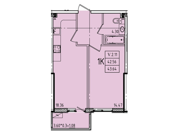 ЖК Еллада: планування 1-кімнатної квартири 43.64 м²