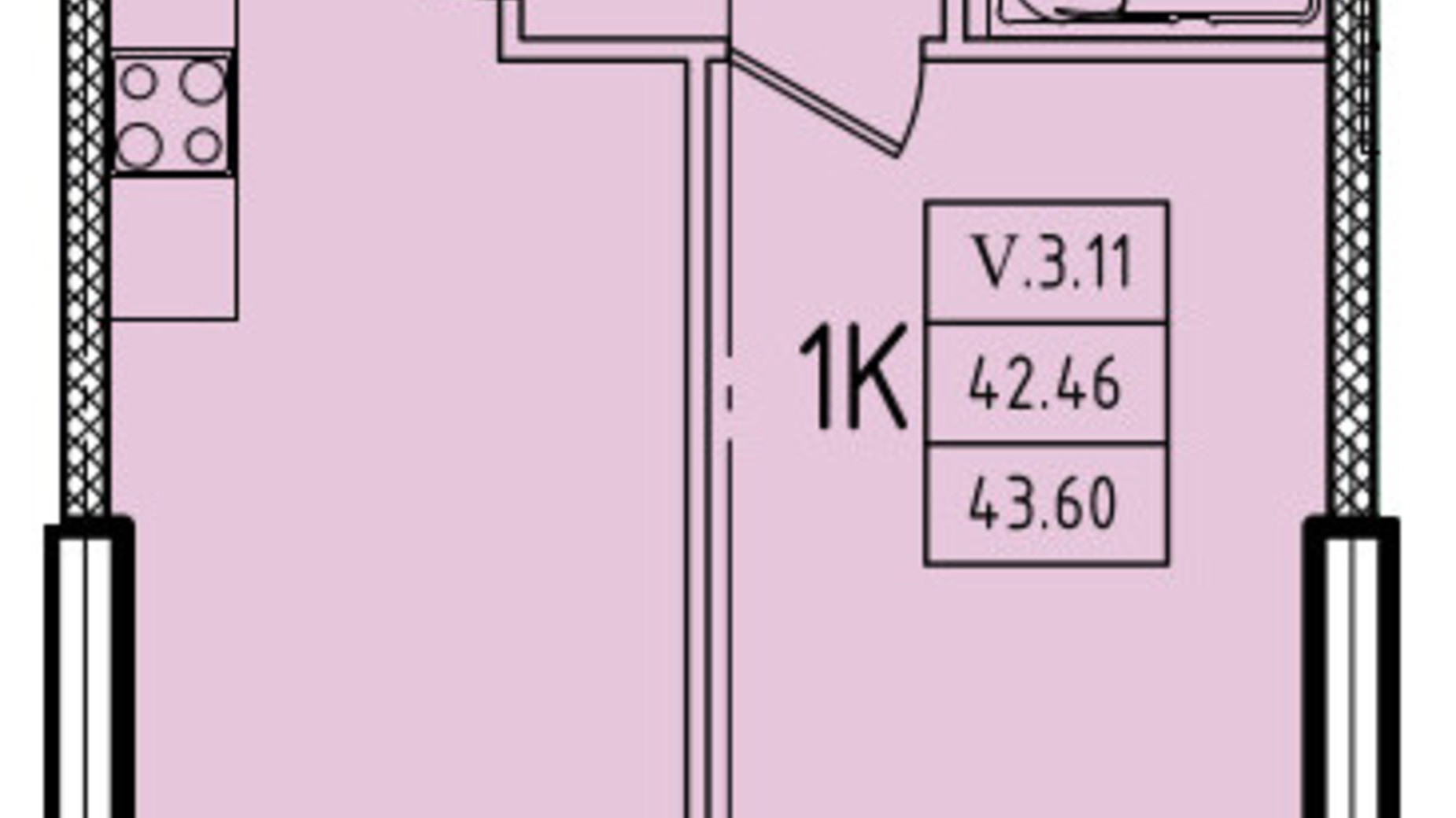 Планування 1-кімнатної квартири в ЖК Еллада 43.6 м², фото 602353