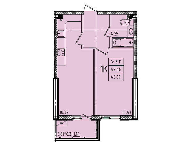 ЖК Еллада: планування 1-кімнатної квартири 43.6 м²