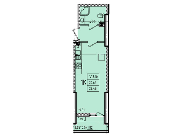 ЖК Еллада: планування 1-кімнатної квартири 29.46 м²