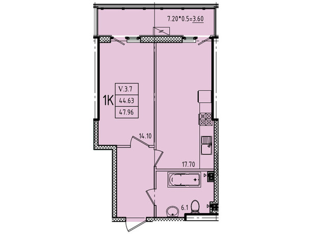 ЖК Еллада: планування 1-кімнатної квартири 47.96 м²