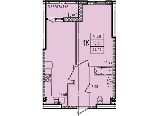 ЖК Эллада: планировка 1-комнатной квартиры 44.97 м²