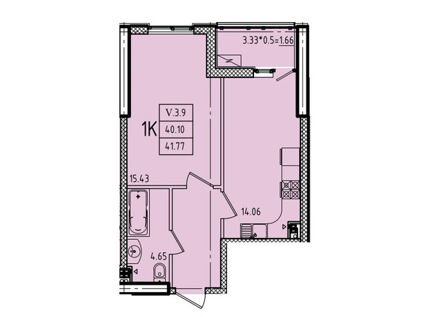 ЖК Эллада: планировка 1-комнатной квартиры 41.77 м²