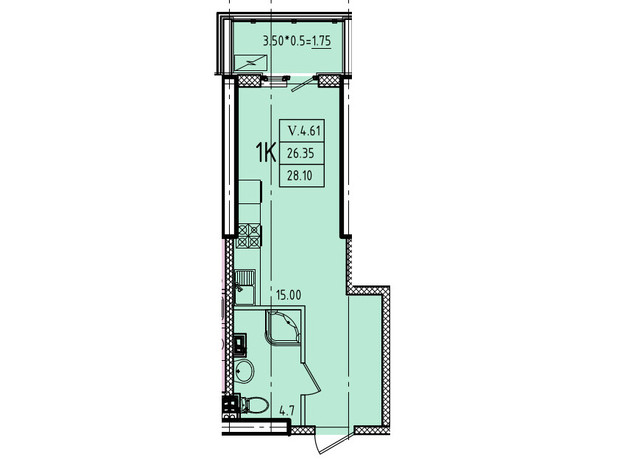 ЖК Еллада: планування 1-кімнатної квартири 28.1 м²