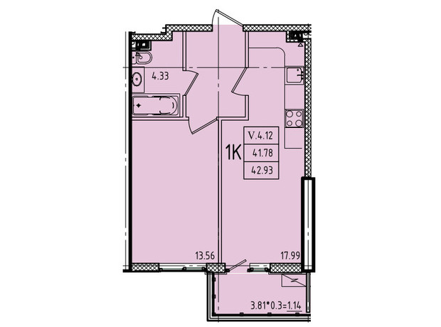 ЖК Еллада: планування 1-кімнатної квартири 42.93 м²