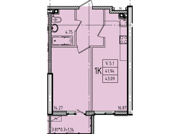 ЖК Еллада: планування 1-кімнатної квартири 43.09 м²