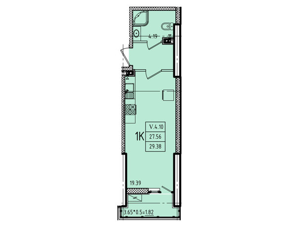 ЖК Еллада: планування 1-кімнатної квартири 29.38 м²