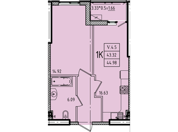 ЖК Эллада: планировка 1-комнатной квартиры 44.98 м²