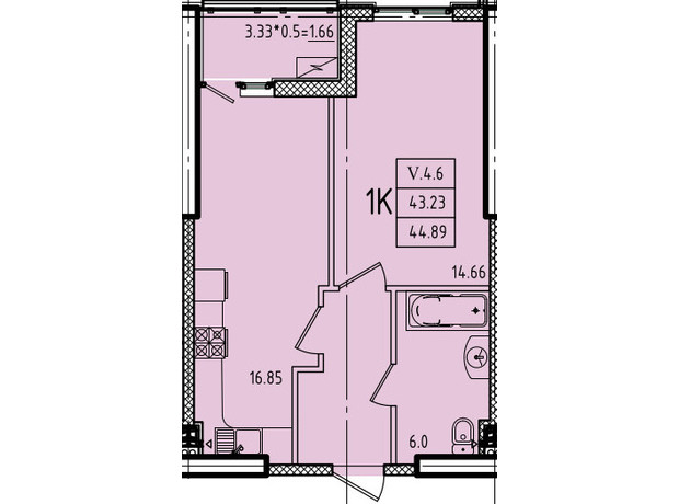 ЖК Еллада: планування 1-кімнатної квартири 44.89 м²