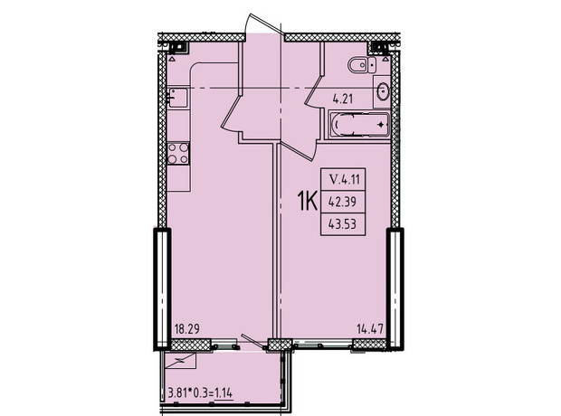 ЖК Еллада: планування 1-кімнатної квартири 43.53 м²