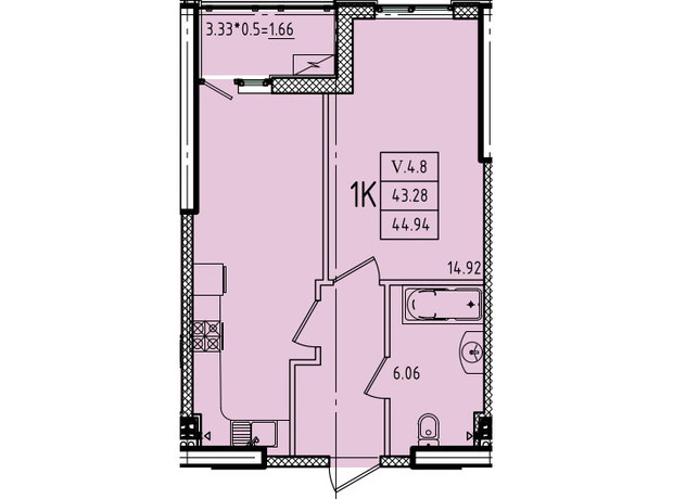 ЖК Эллада: планировка 1-комнатной квартиры 44.94 м²