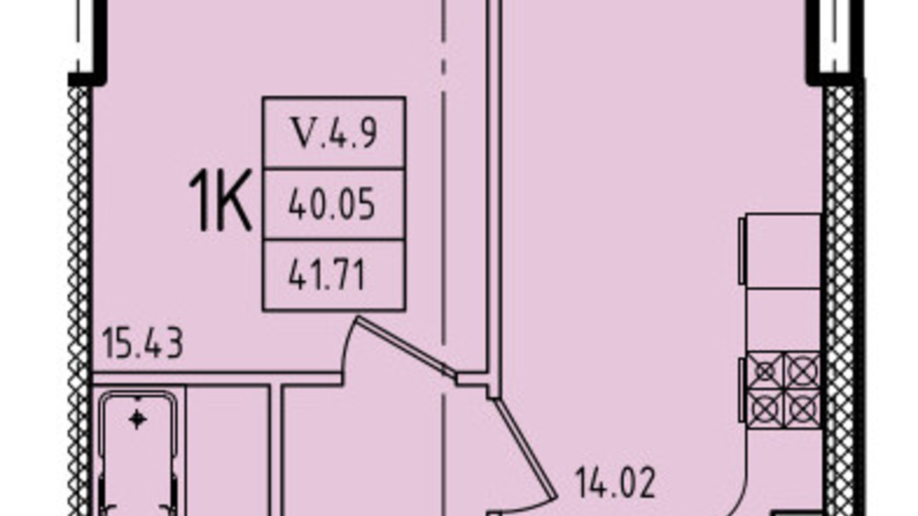 Планування 1-кімнатної квартири в ЖК Еллада 41.71 м², фото 602378