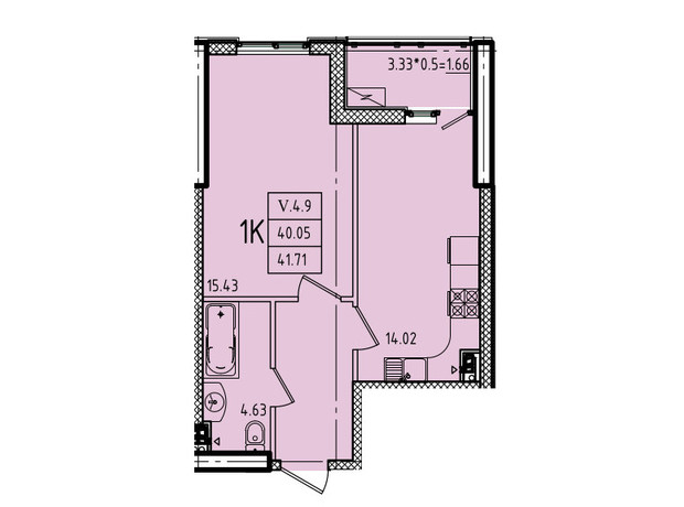ЖК Эллада: планировка 1-комнатной квартиры 41.71 м²
