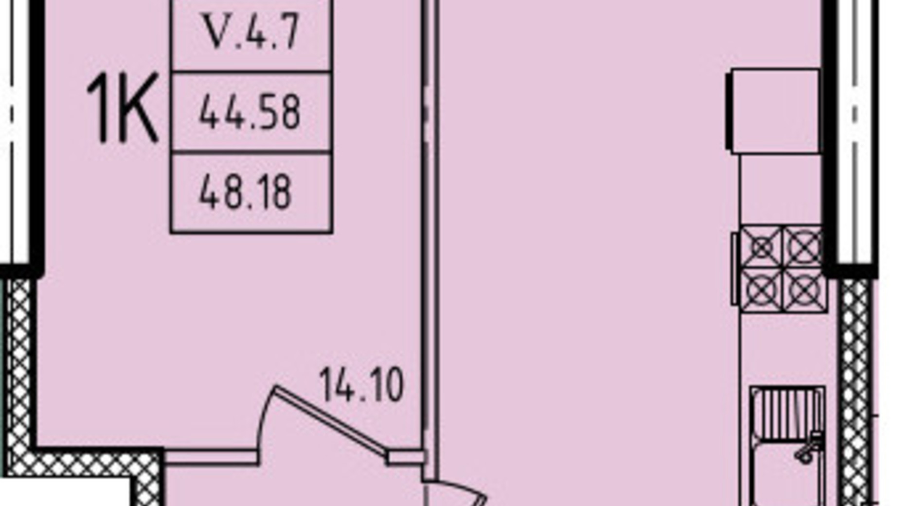 Планування 1-кімнатної квартири в ЖК Еллада 48.17 м², фото 602379