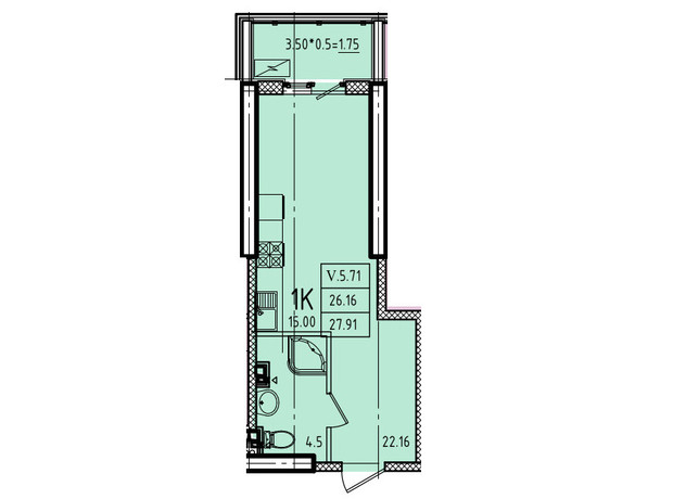 ЖК Еллада: планування 1-кімнатної квартири 27.91 м²