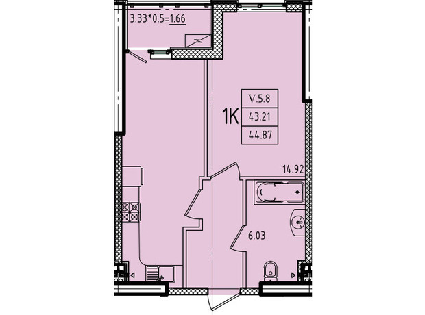 ЖК Эллада: планировка 1-комнатной квартиры 44.87 м²