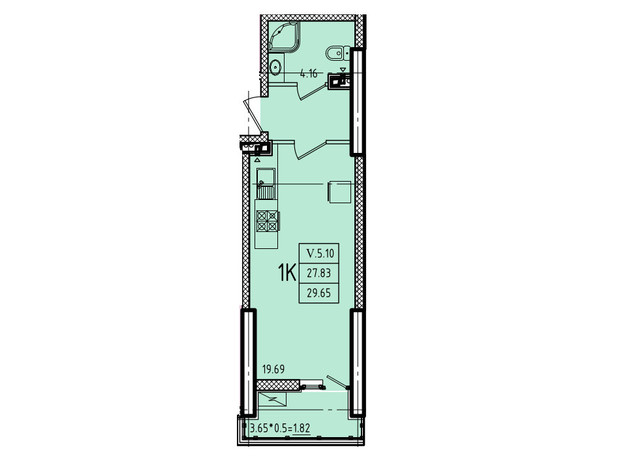 ЖК Эллада: планировка 1-комнатной квартиры 29.65 м²