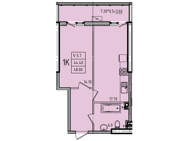 ЖК Эллада: планировка 1-комнатной квартиры 48 м²