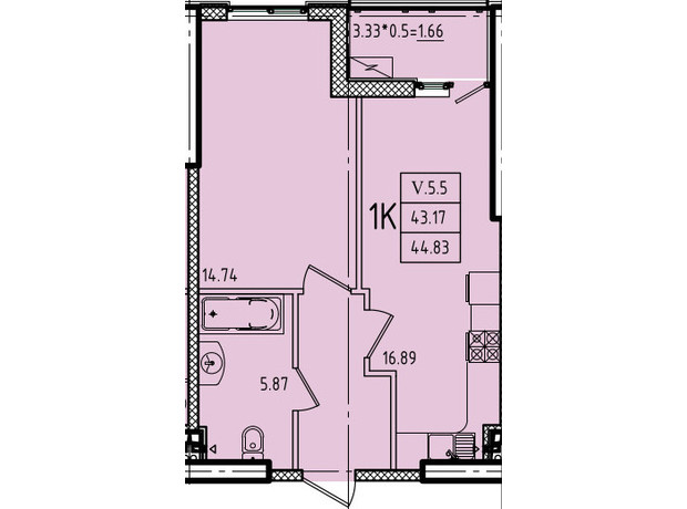 ЖК Еллада: планування 1-кімнатної квартири 44.83 м²