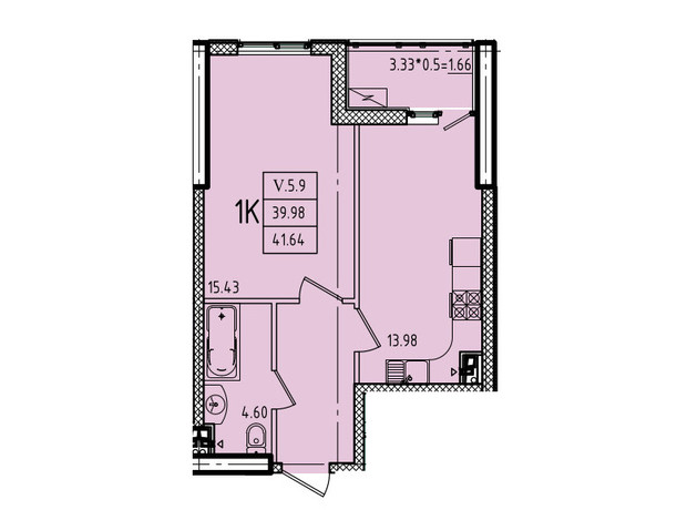 ЖК Эллада: планировка 1-комнатной квартиры 41.64 м²