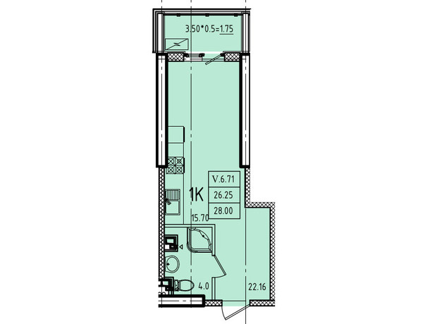 ЖК Эллада: планировка 1-комнатной квартиры 28 м²