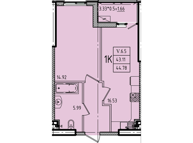 ЖК Еллада: планування 1-кімнатної квартири 44.78 м²