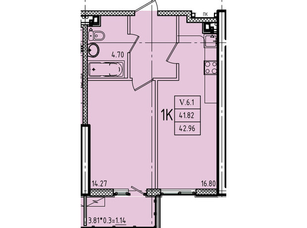 ЖК Еллада: планування 1-кімнатної квартири 42.96 м²