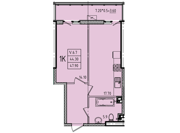 ЖК Еллада: планування 1-кімнатної квартири 47.9 м²