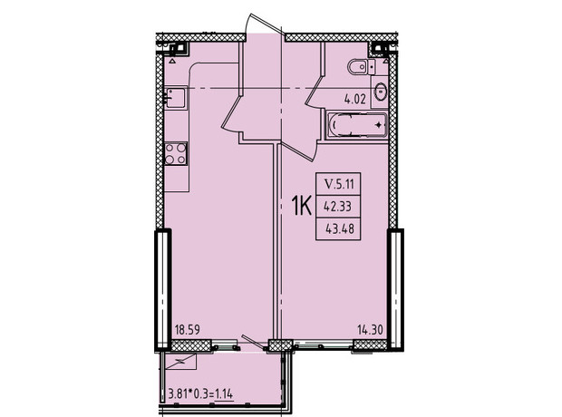 ЖК Эллада: планировка 1-комнатной квартиры 43.48 м²