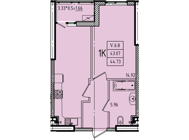 ЖК Эллада: планировка 1-комнатной квартиры 44.73 м²