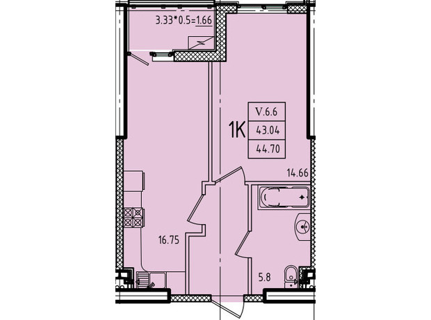 ЖК Эллада: планировка 1-комнатной квартиры 44.7 м²