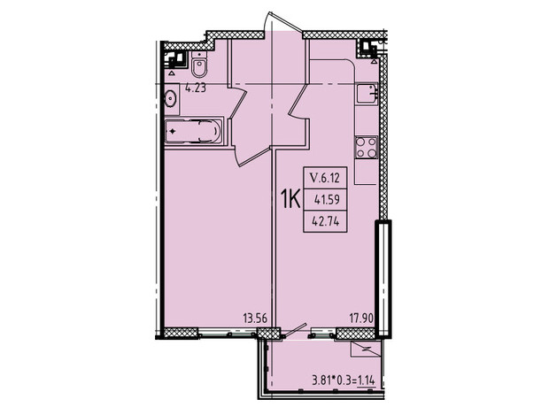 ЖК Еллада: планування 1-кімнатної квартири 42.74 м²