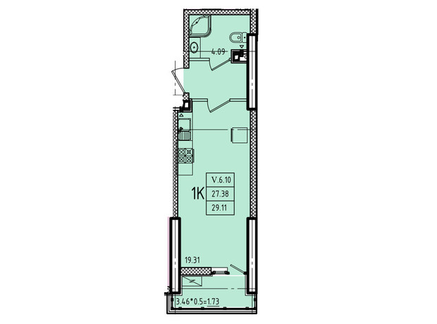 ЖК Эллада: планировка 1-комнатной квартиры 29.11 м²