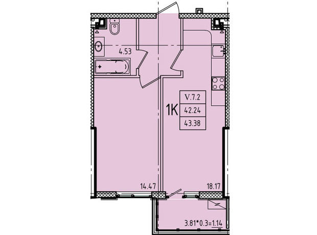 ЖК Еллада: планування 1-кімнатної квартири 43.38 м²