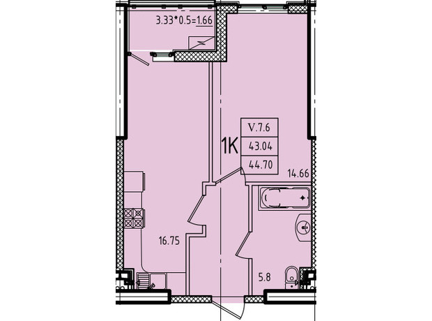 ЖК Эллада: планировка 1-комнатной квартиры 44.7 м²