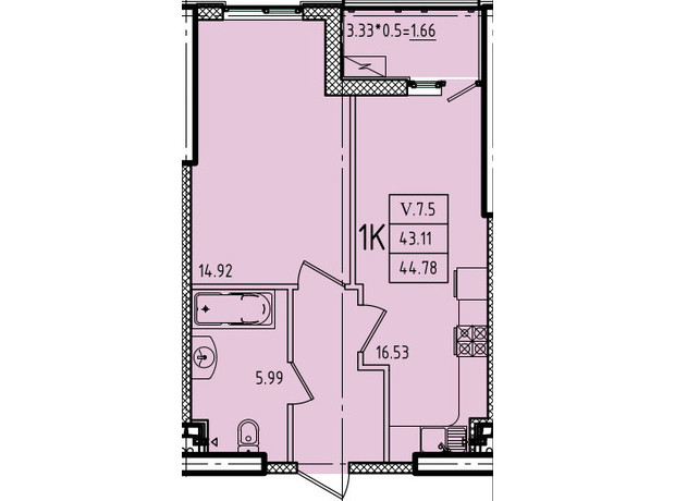 ЖК Эллада: планировка 1-комнатной квартиры 44.78 м²