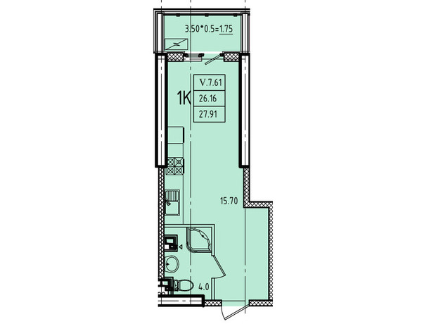 ЖК Еллада: планування 1-кімнатної квартири 27.91 м²