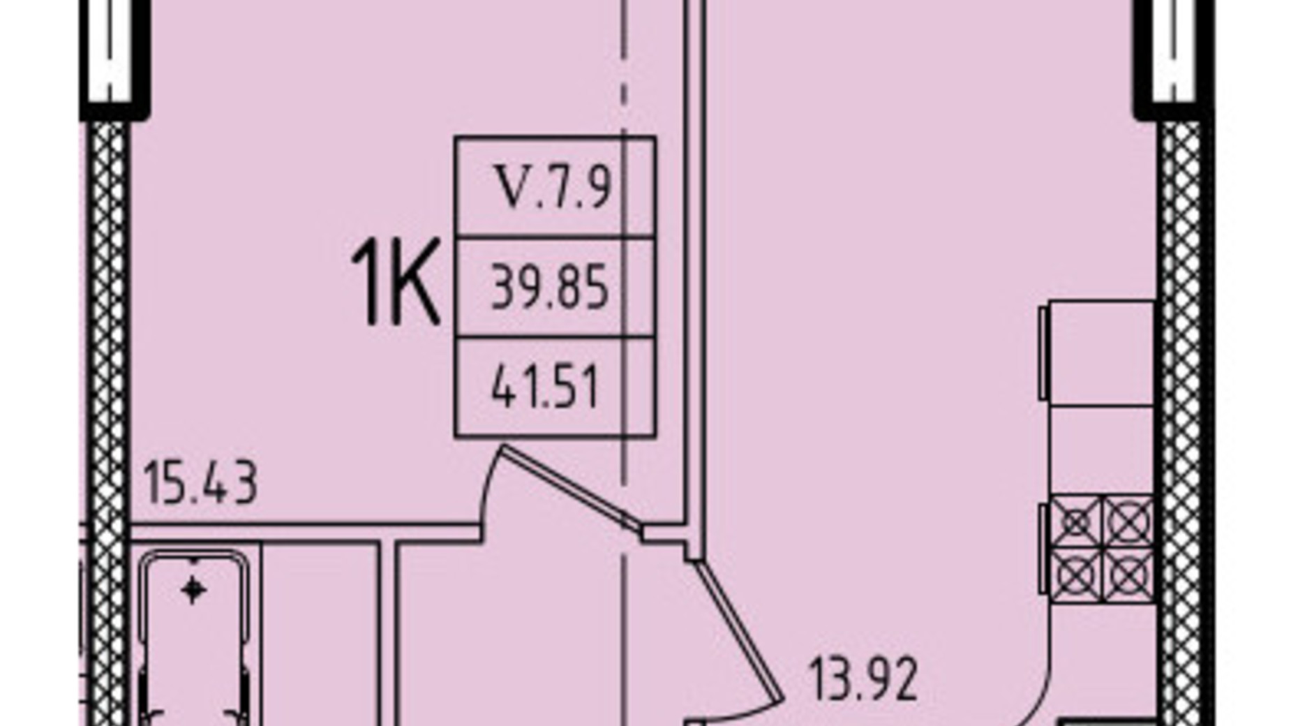 Планування 1-кімнатної квартири в ЖК Еллада 41.51 м², фото 602441