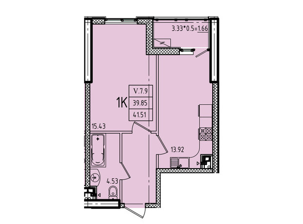 ЖК Еллада: планування 1-кімнатної квартири 41.51 м²