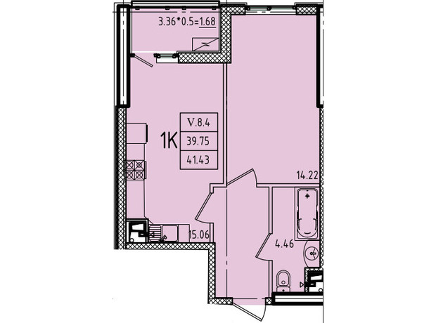 ЖК Эллада: планировка 1-комнатной квартиры 41.43 м²